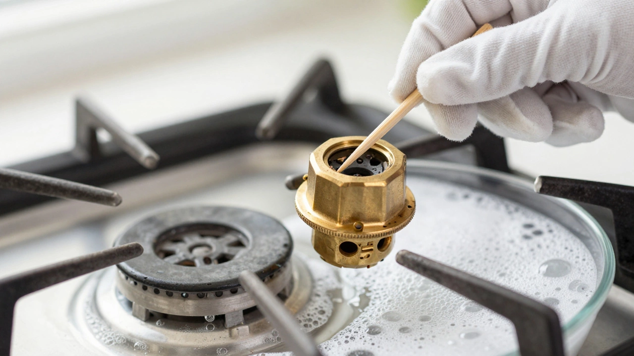 Hand cleaning gas burner ports with a toothpick and soapy water