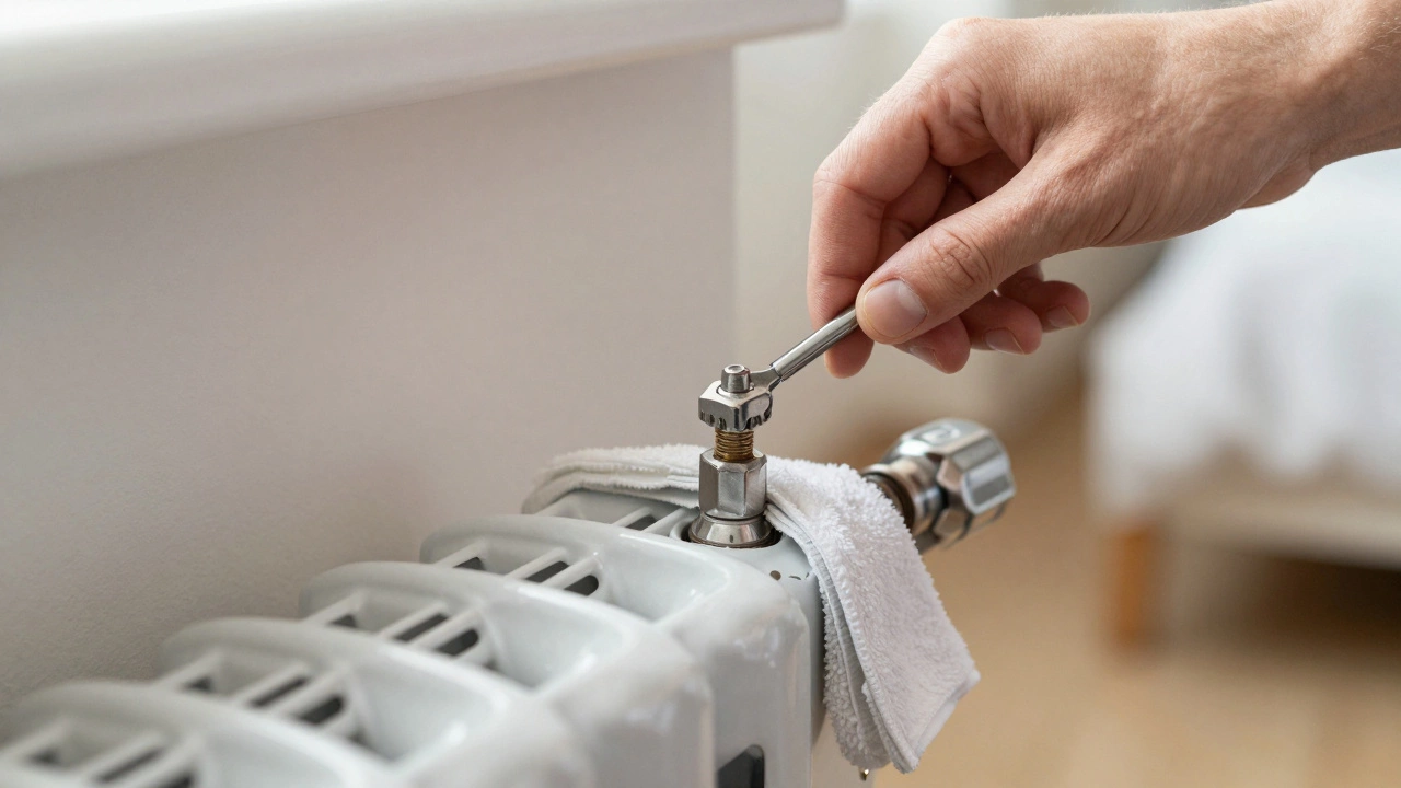 Homeowner bleeding a radiator with a key and towel nearby.
