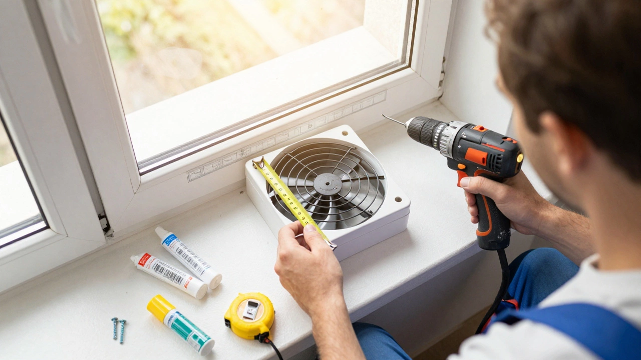 Homeowner installing window extractor fan DIY