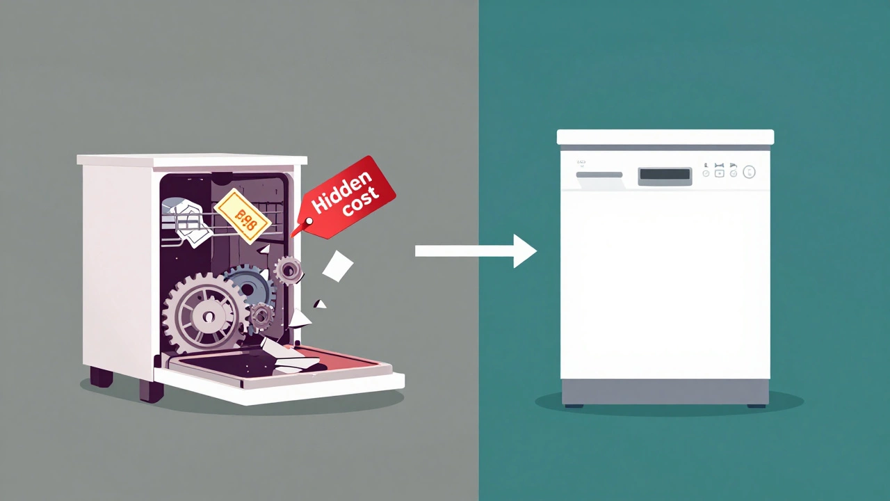 Illustration comparing cheap vs durable dishwasher costs