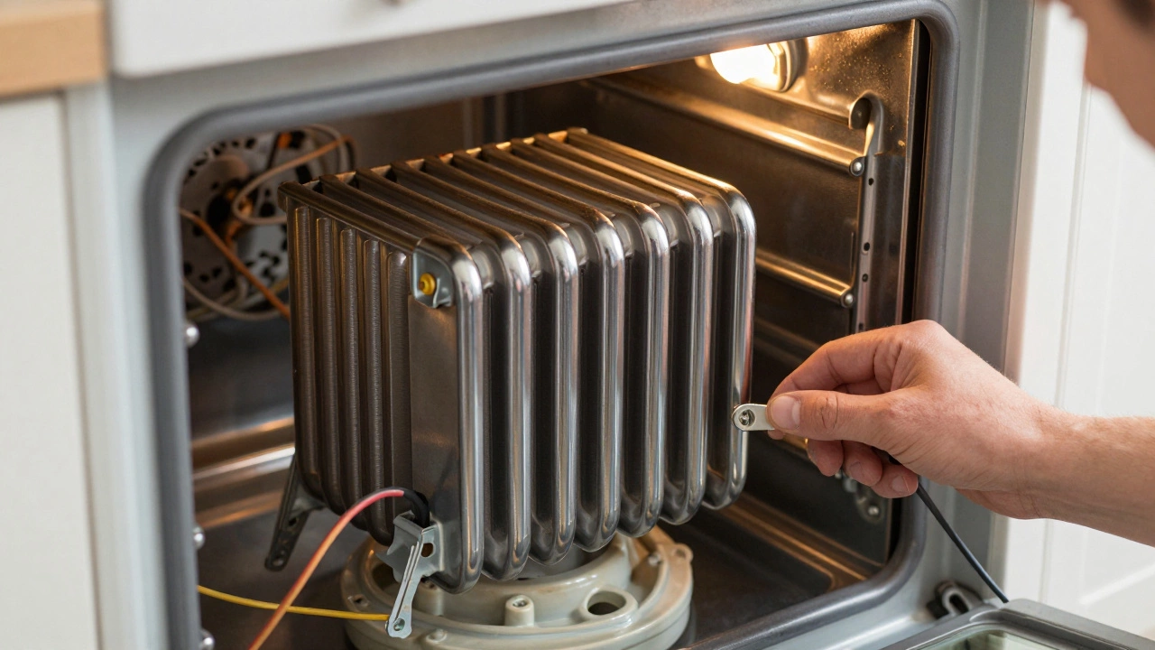 Installing a new shiny heating element into an electric oven cavity.