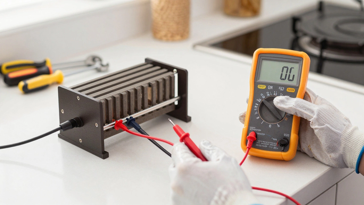 Multimeter testing an oven element showing an OL reading for continuity check.