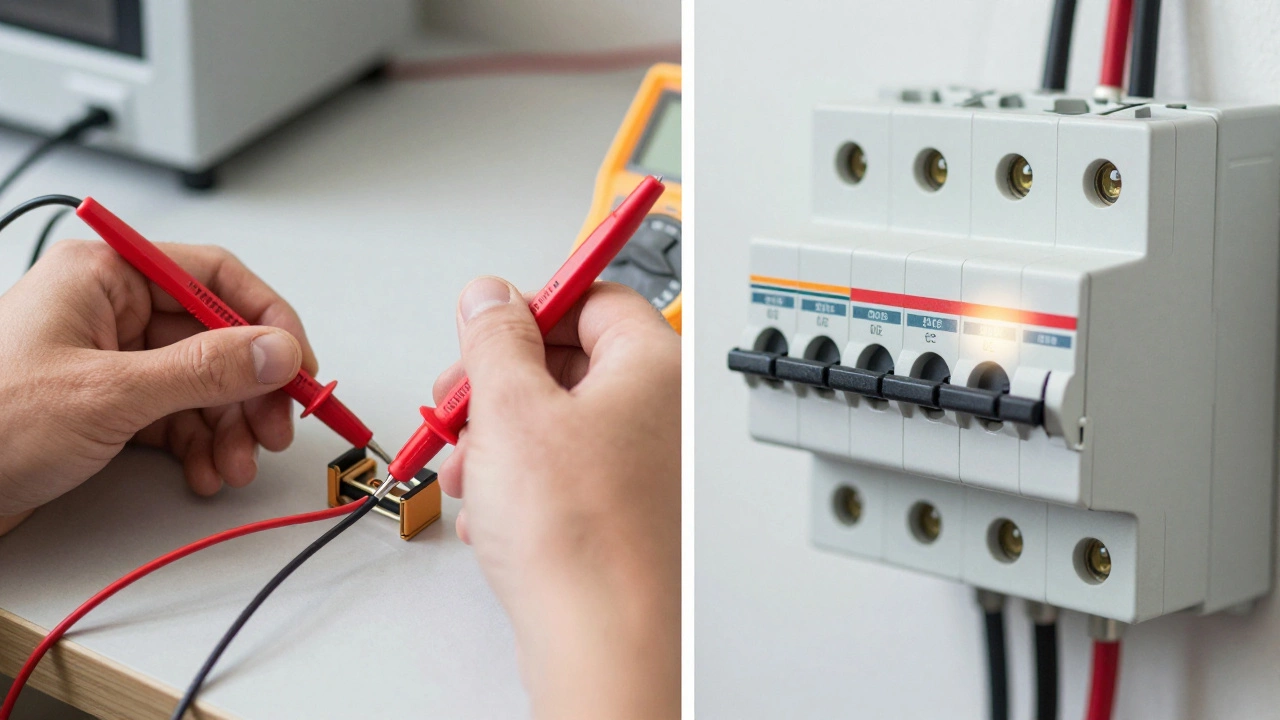 Multimeter testing oven part and tripped circuit breaker switch