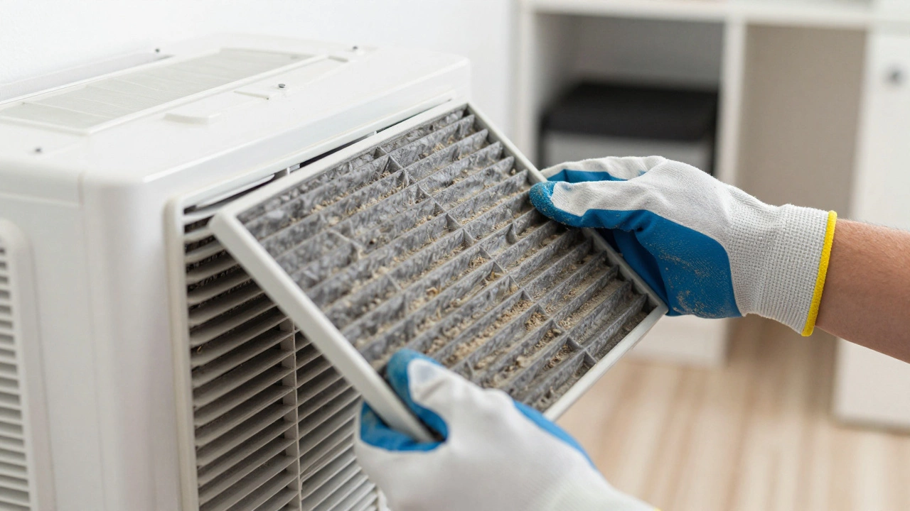 Person replacing a clogged air filter in a heating unit
