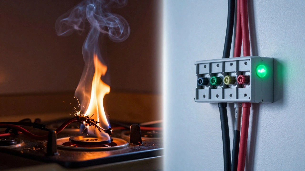 Split image contrasting dangerous burnt wires with safe professional wiring