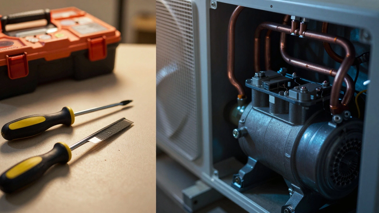 Split image showing simple tools vs complex heat pump parts