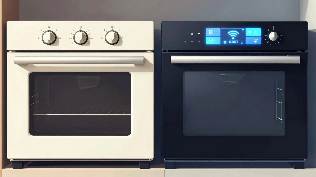 Split view contrasting a simple mechanical oven with a complex digital smart oven.