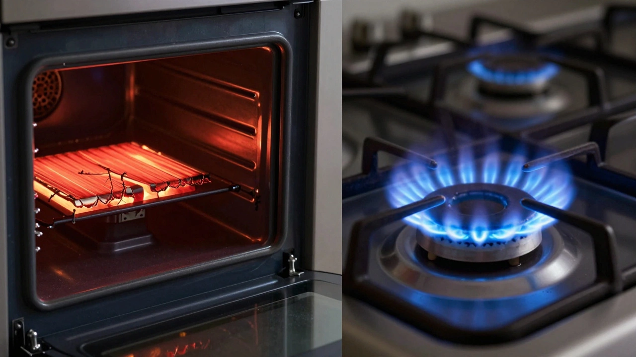 Split view of a burnt electric heating element and a blue gas flame
