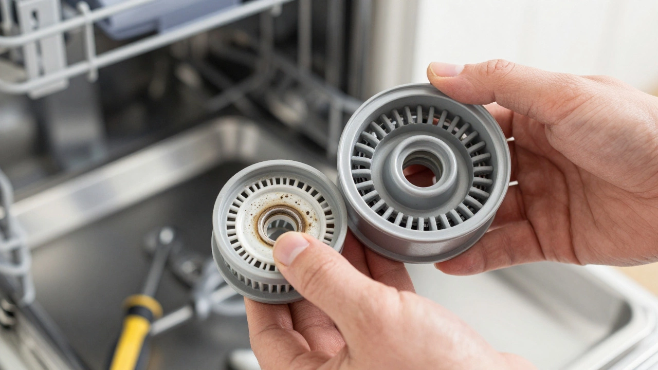 Technician comparing clean and clogged dishwasher filters