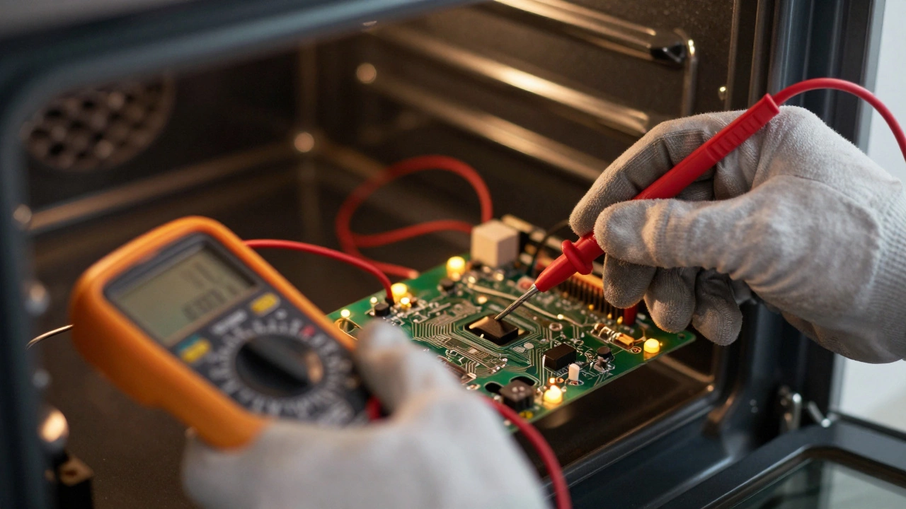 Technician testing internal circuit board of an oven with a multimeter.