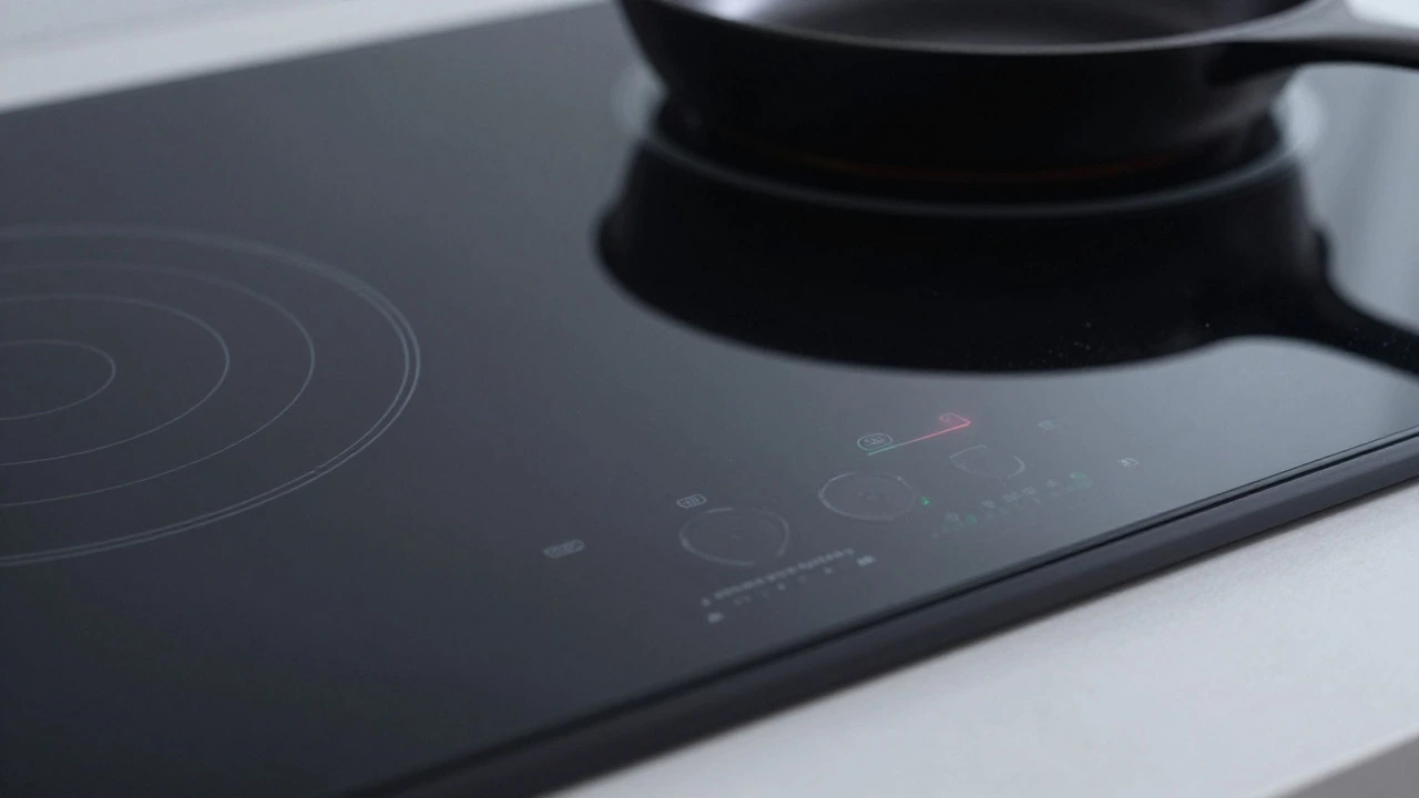 Close-up of a black glass induction cooktop with a pan