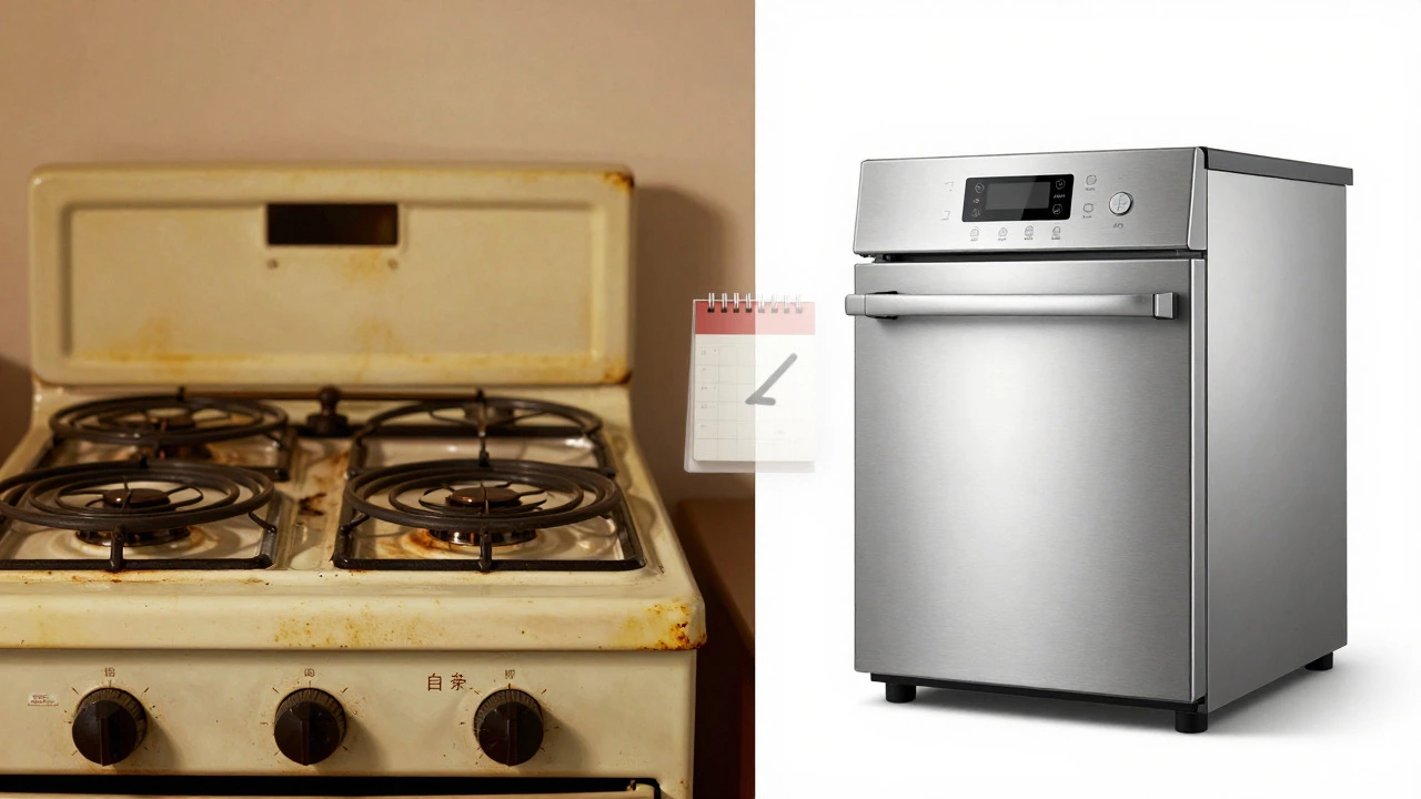 Comparison of an old worn stove versus a new modern appliance