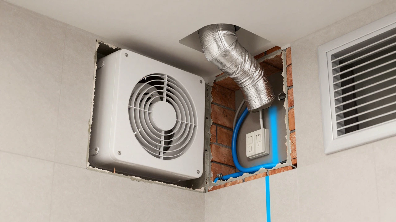 Cross-section diagram of extractor fan ducting and wiring