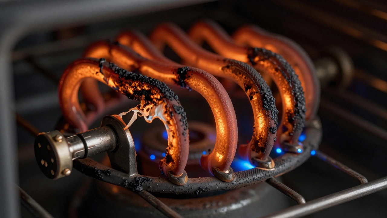Damaged oven element with bubbling metal and electrical sparks
