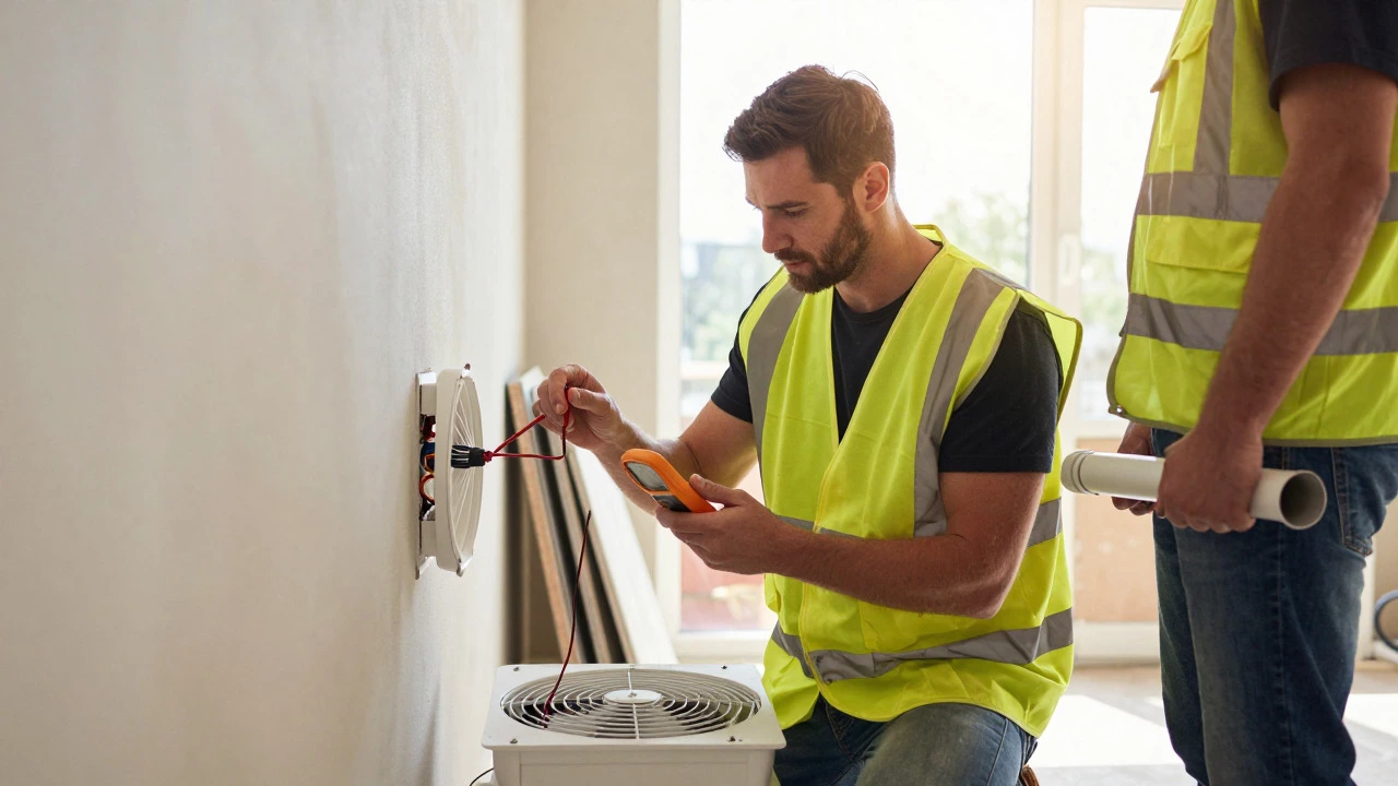 Electrician and builder installing bathroom extractor fan