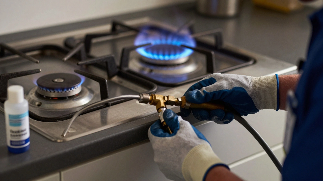 Engineer connecting gas hose to hob with safety equipment and blue flame