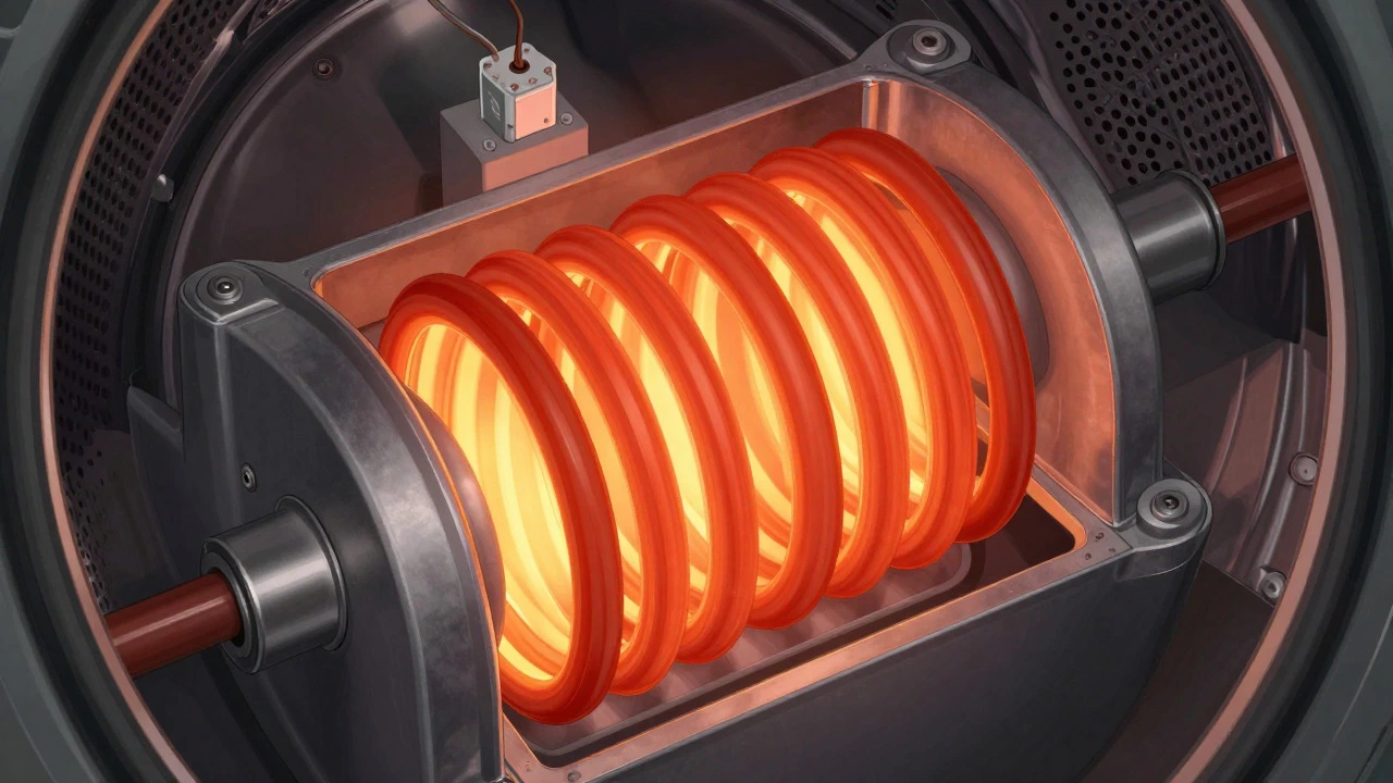 Glowing red heating element coil inside a dryer mechanism