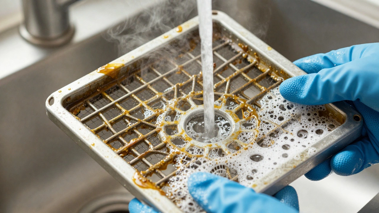Greasy aluminum mesh filter being washed with soapy water in a sink