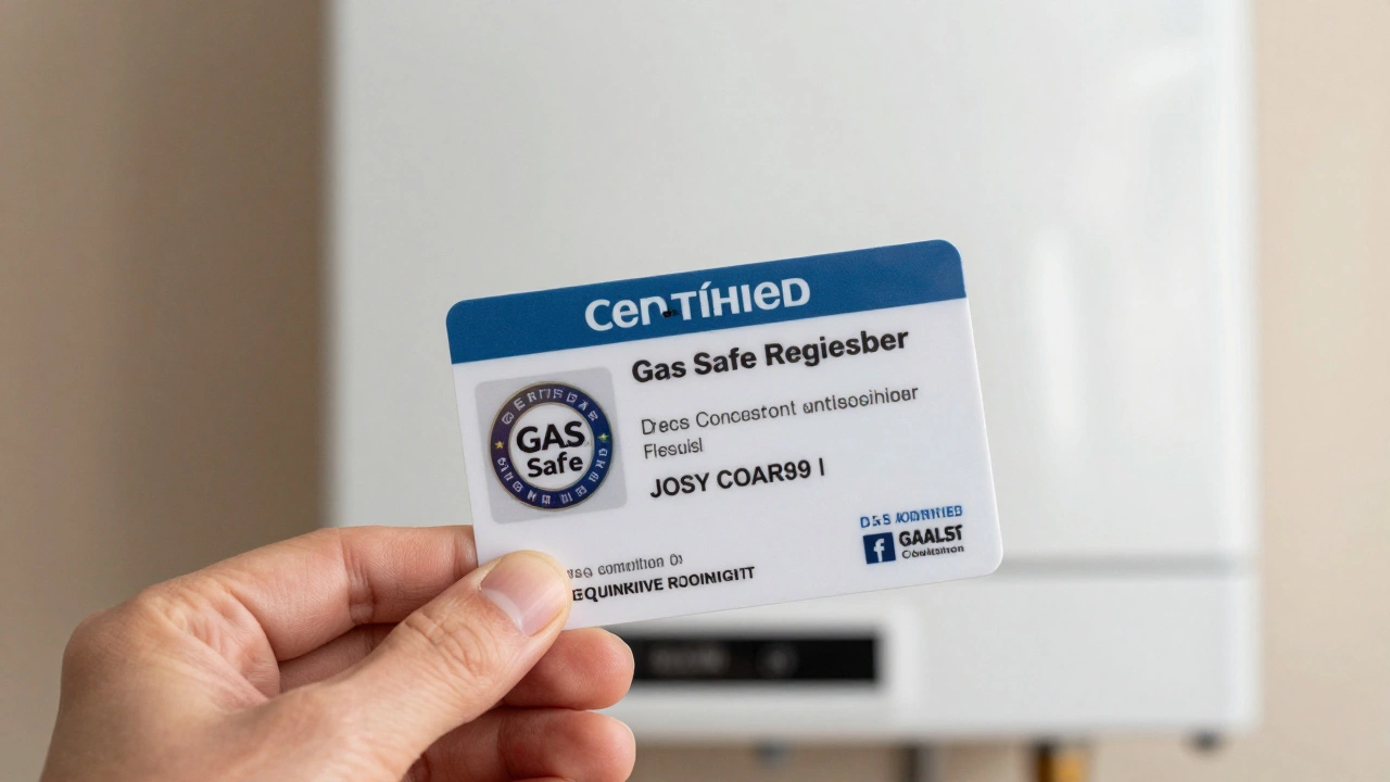 Hand holding Gas Safe ID card in front of a domestic boiler