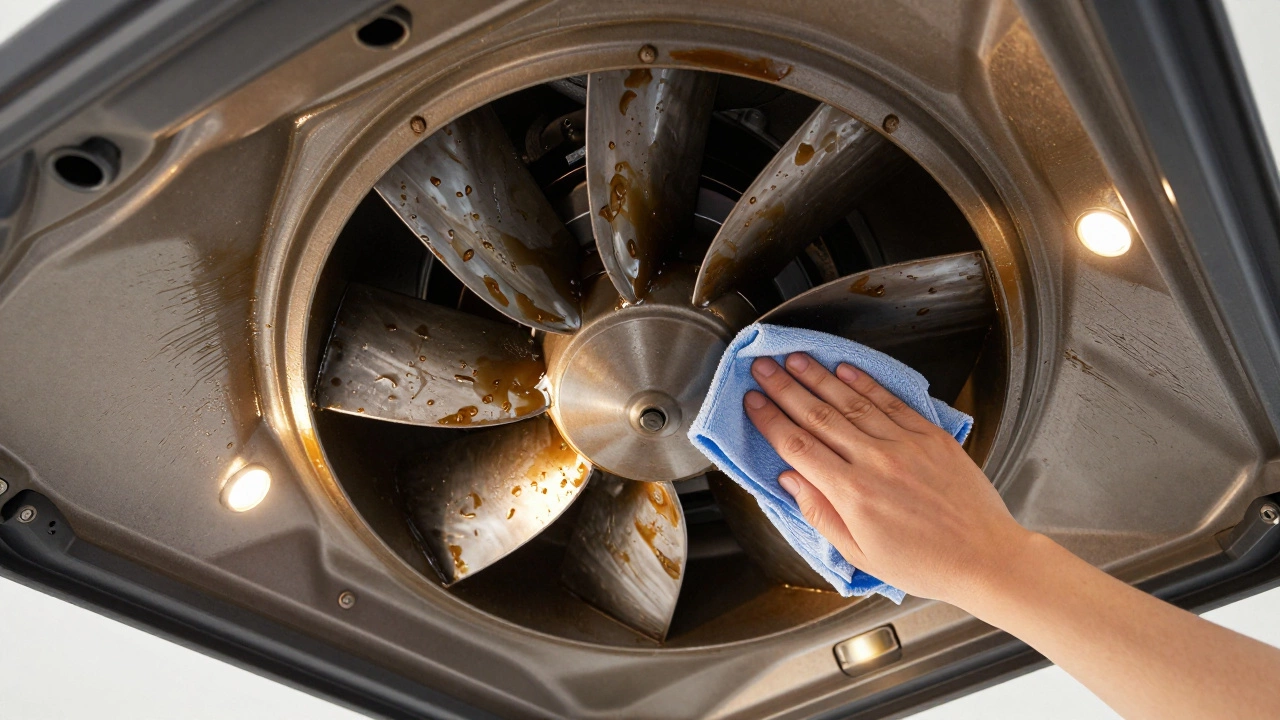 Hand wiping grease off internal fan blades inside an open extractor hood