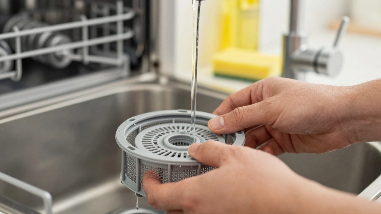 Hands cleaning a dishwasher filter under running tap water