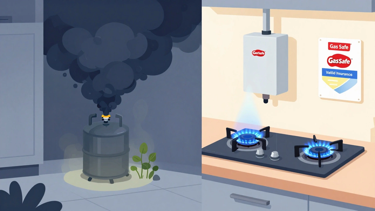 Illustration contrasting gas leak dangers with safe, insured gas hob installation