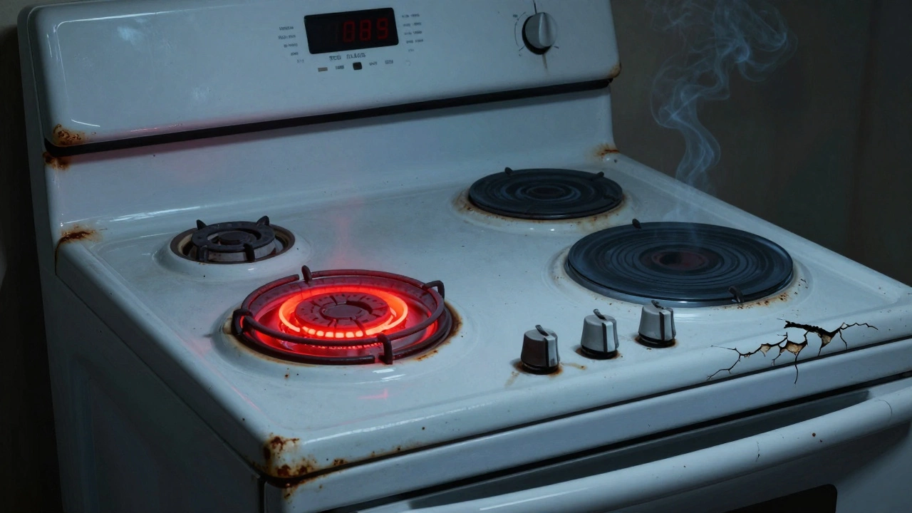 Old electric stove with broken burner and cracked seal
