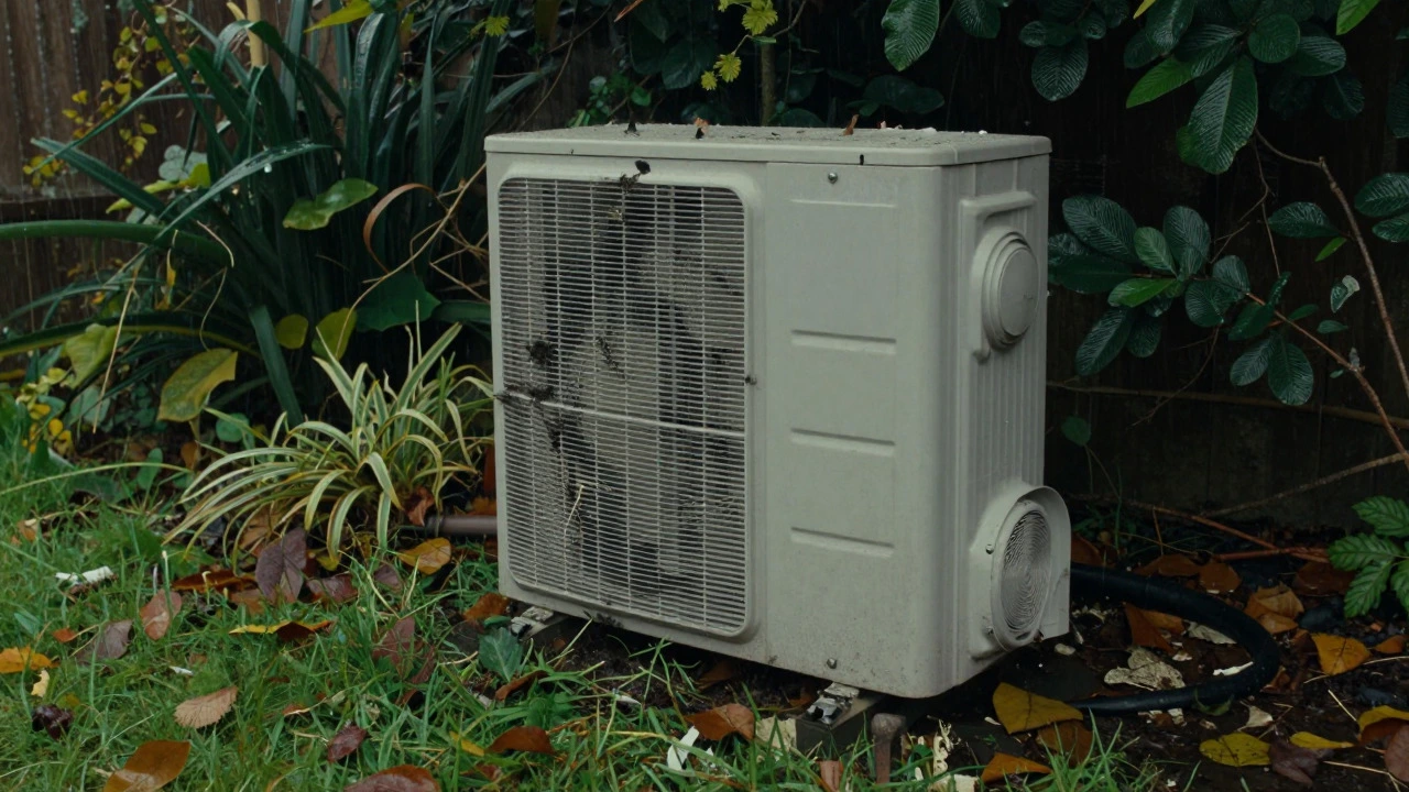 Outdoor heat pump unit blocked by leaves and debris