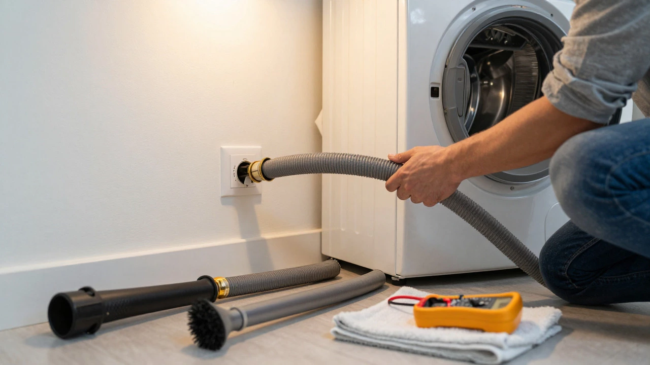 Person inspecting a disconnected dryer vent hose with tools