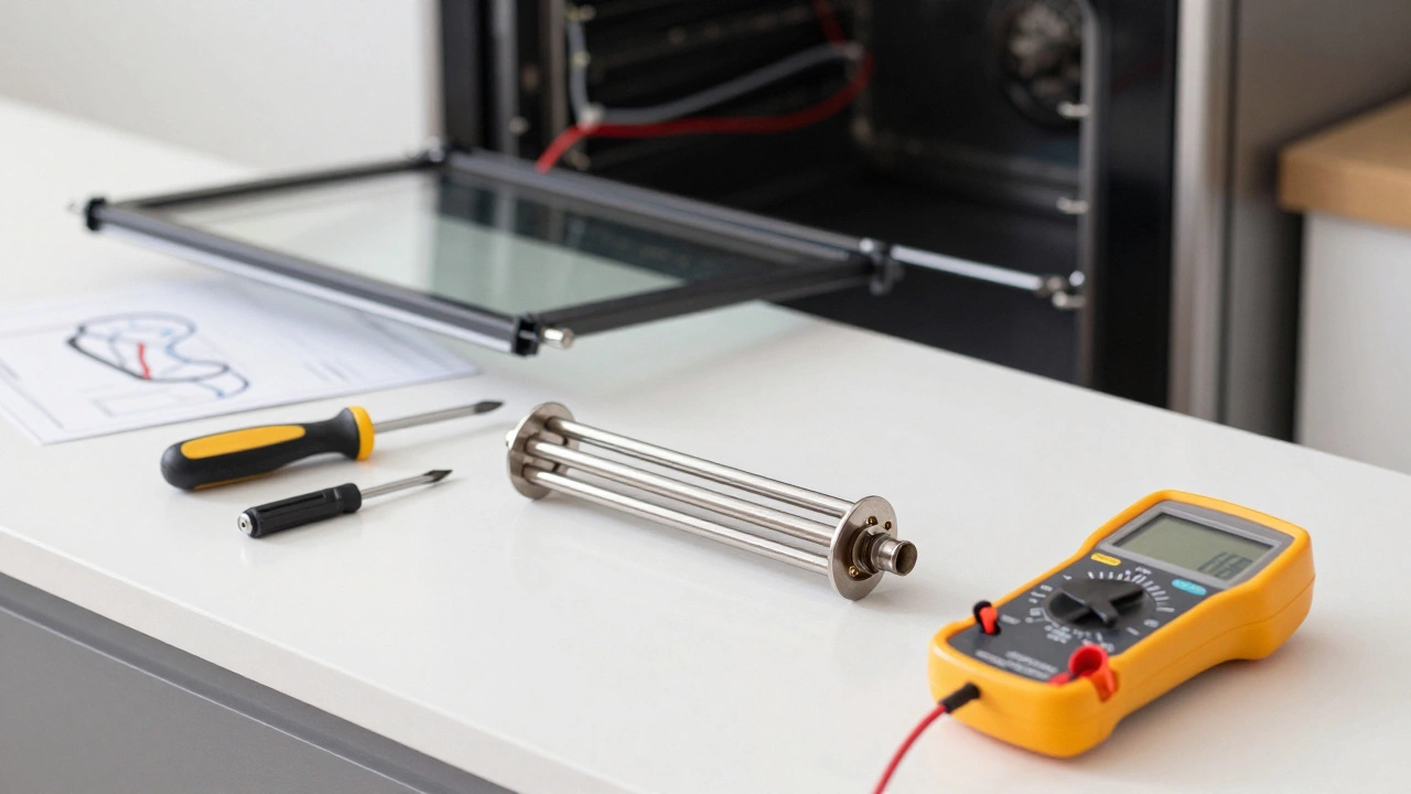 Tools and new heating element for DIY oven repair on countertop