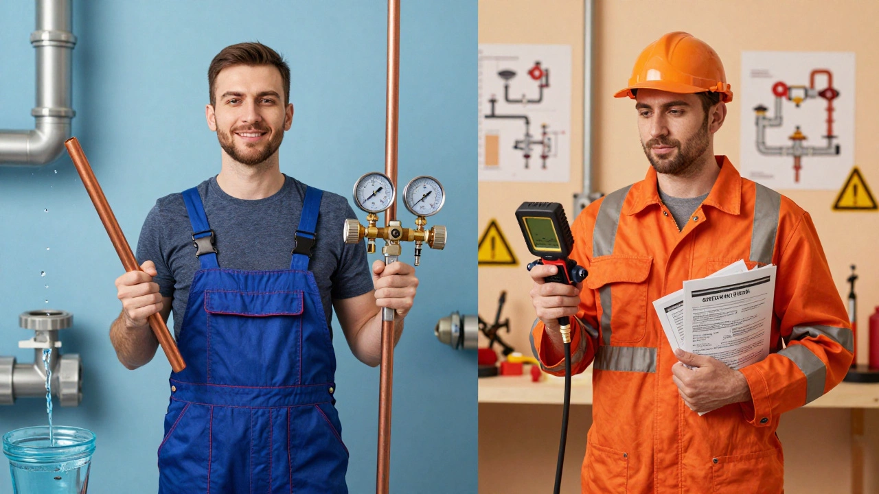 Visual comparison of plumber tools versus gas engineer safety equipment