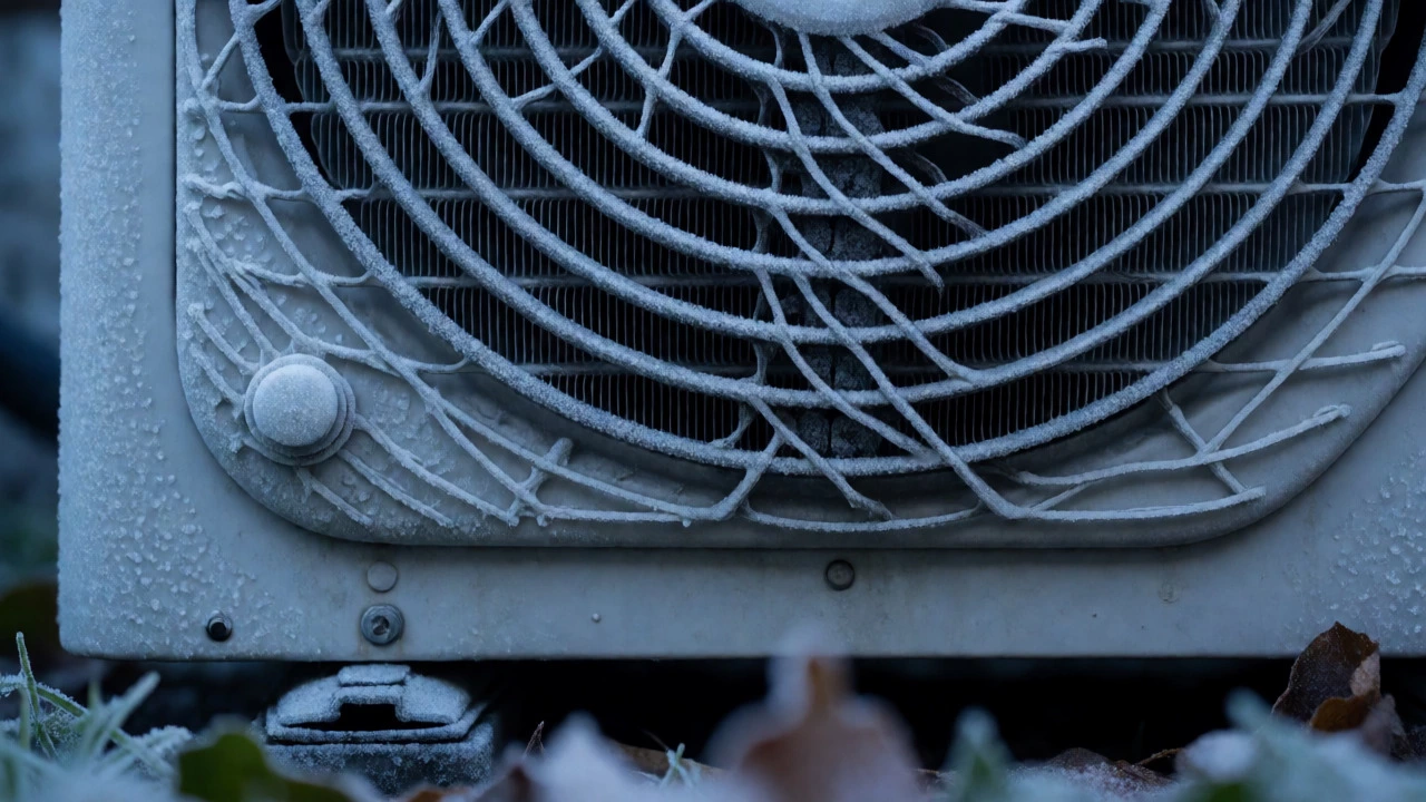 Close-up of an outdoor heat pump unit covered in frost and ice during winter.
