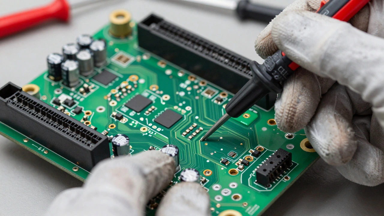 Close-up of hands using a multimeter to test an electronic oven control board component