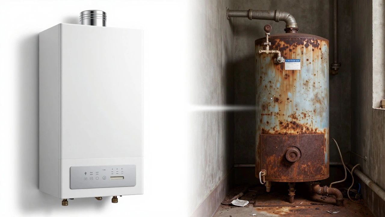 Comparison of new efficient boiler versus old rusty unit