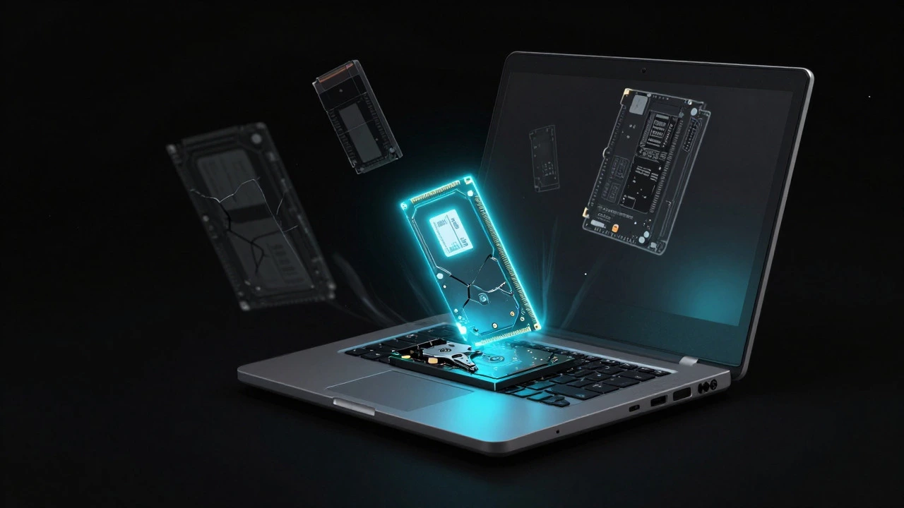Conceptual art of glowing SSD and RAM inside a laptop