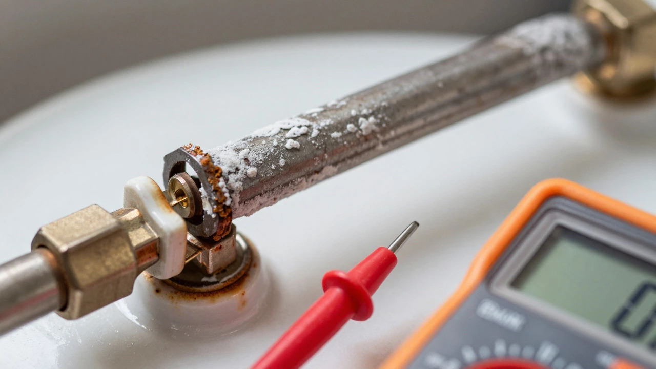 Corroded water heater element being tested with multimeter