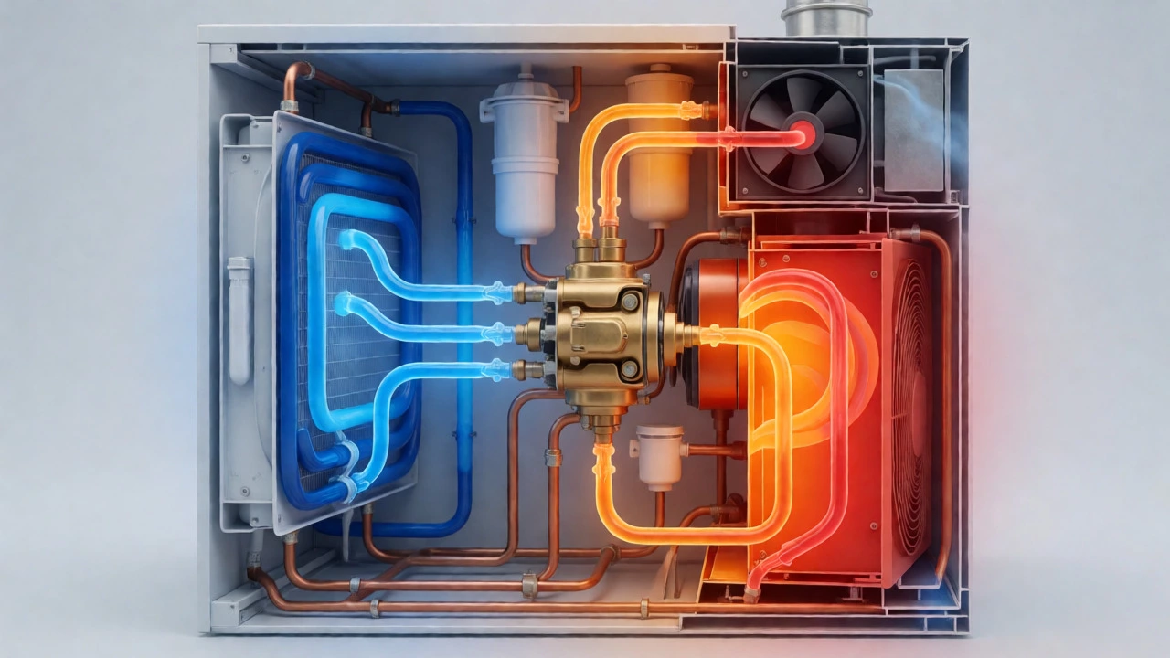 Cross-section diagram showing refrigerant flow and the reversing valve in a heat pump.