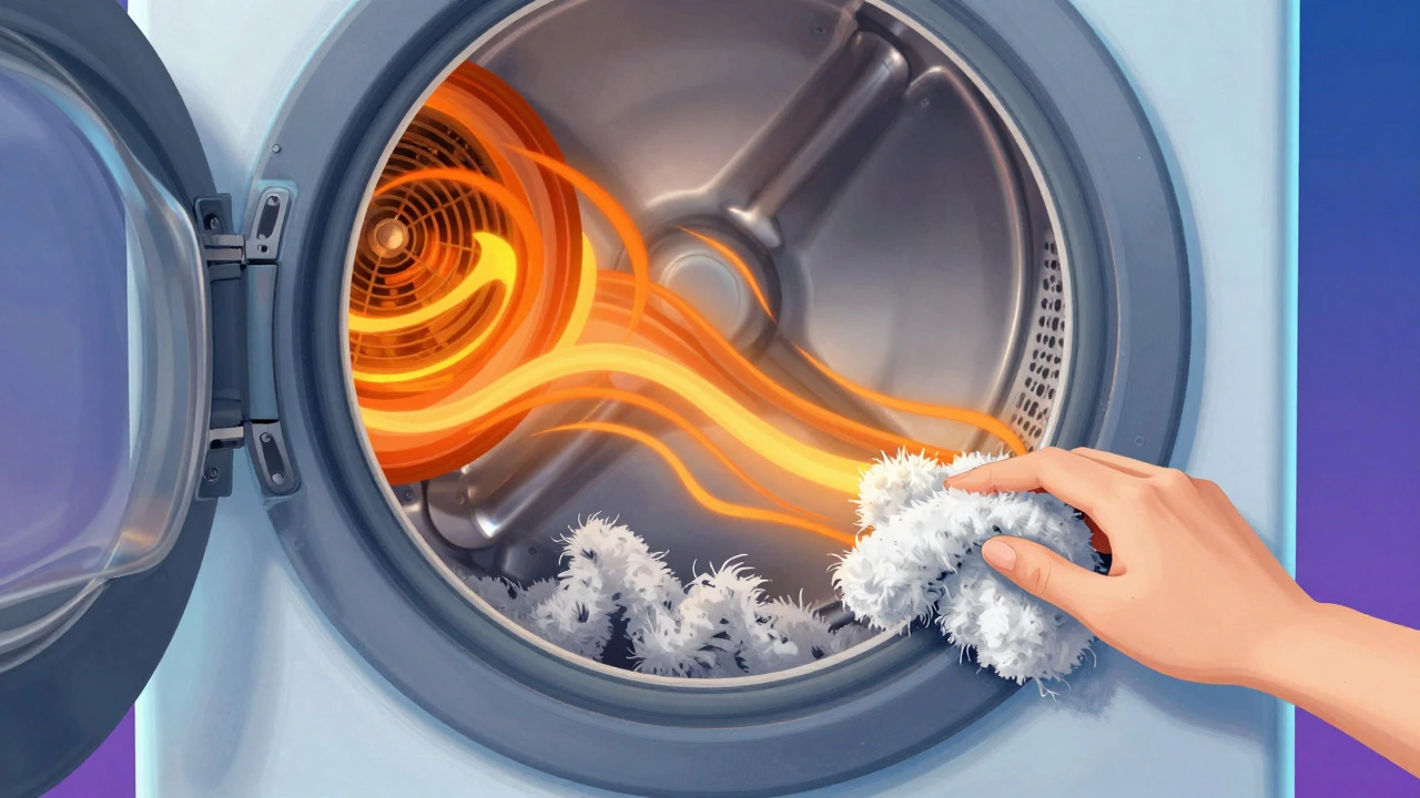 Cross-section illustration of a dryer showing lint buildup and heat risks