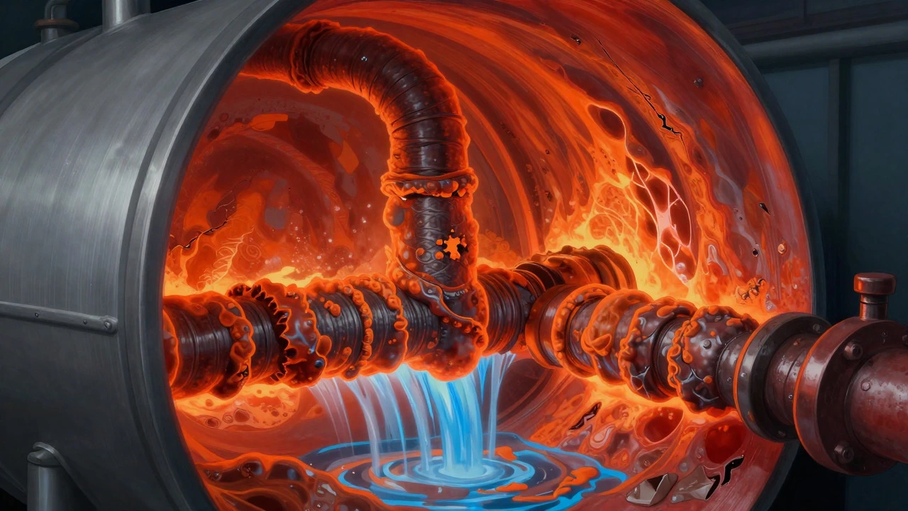 Cross-section view of a boiler heat exchanger showing thick limescale buildup and cracks