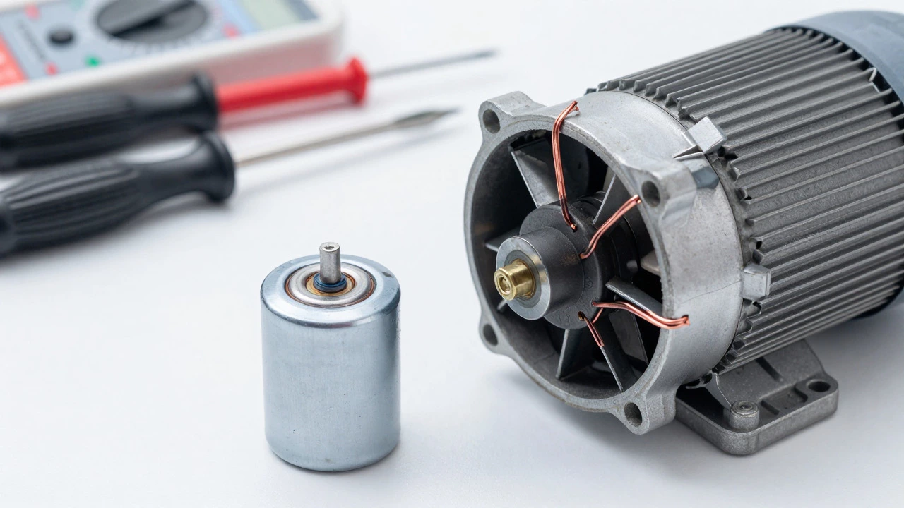Disassembled fan motor parts and tools on a workbench for repair.