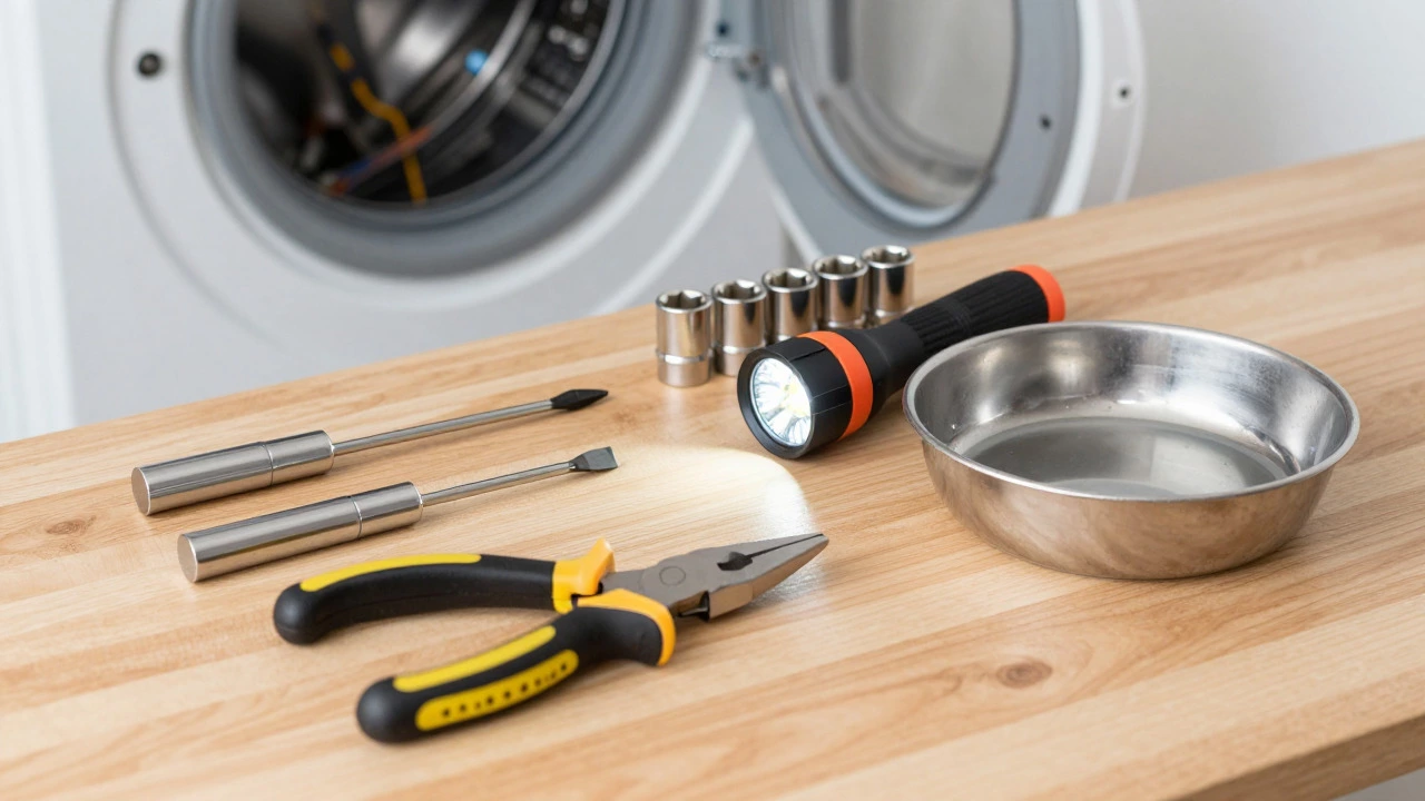 DIY tools laid out for repairing a washing machine