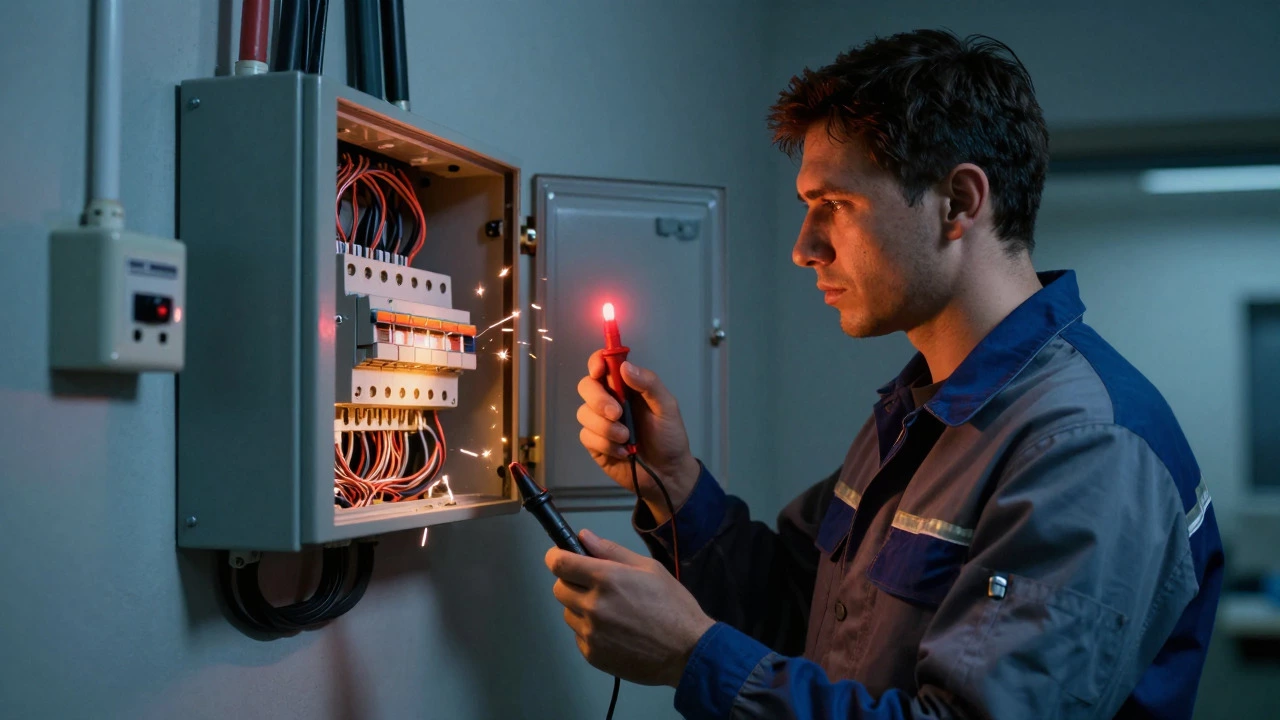 Electrician testing live wires with voltage detector tool