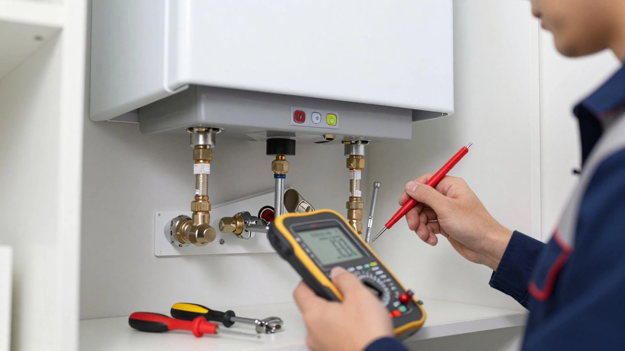Engineer diagnosing a fault on a gas boiler with tools and a tablet