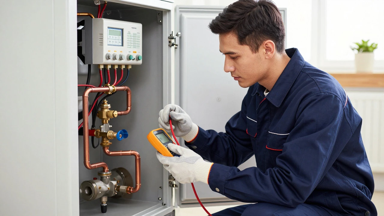 Engineer inspecting internal boiler components with tools