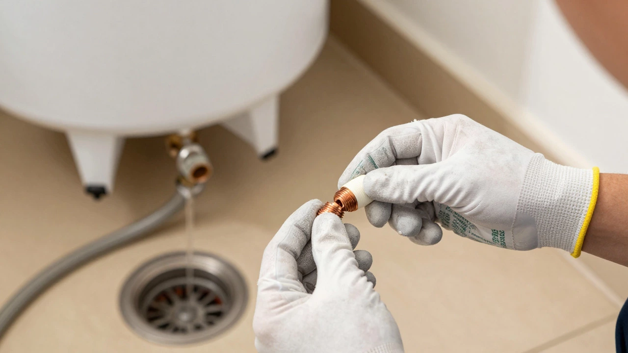 Hands applying Teflon tape to new water heater element