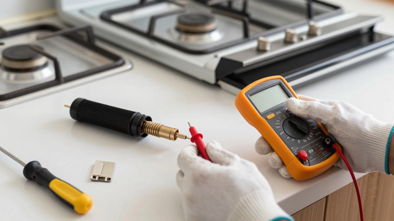 Hands using a multimeter to test a disconnected gas oven igniter