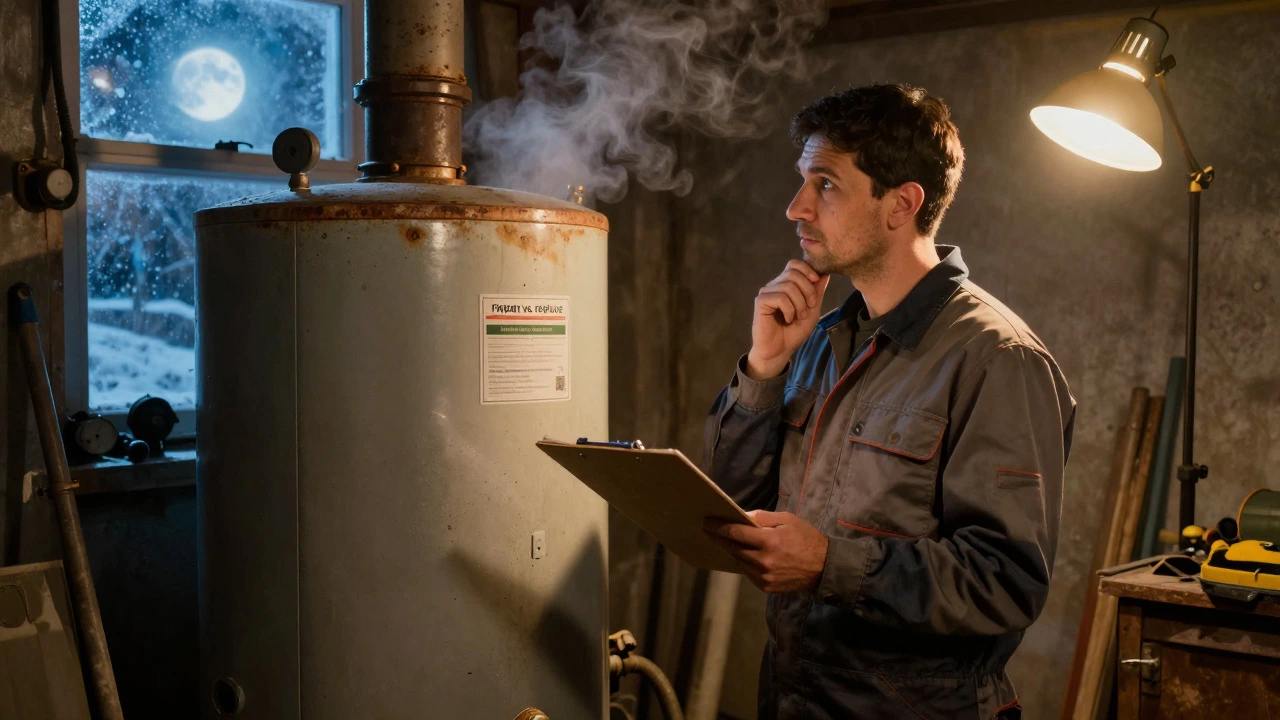Heating engineer inspecting an old system boiler in a dim basement, considering repair options