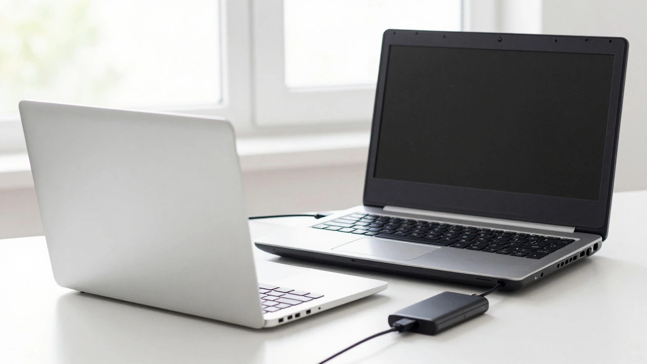 Modern and old laptops side by side during data transfer