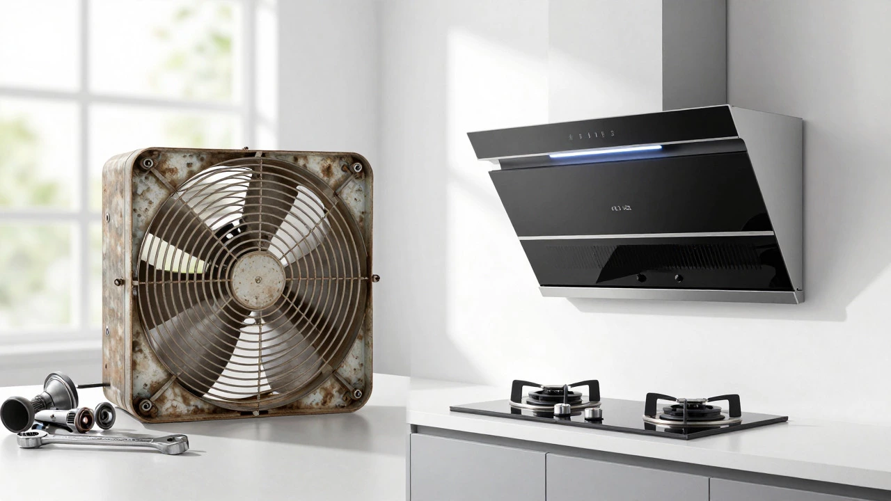Old broken fan versus new modern range hood comparison