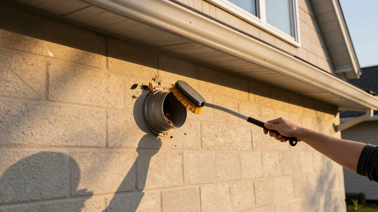 Person clearing blockage from external kitchen vent pipe